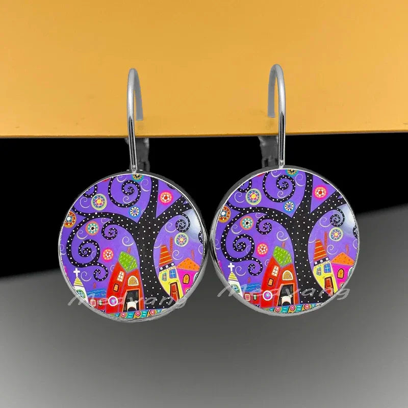 2024 Natural Scenery Earrings beautiful village Women Stud Earring  Abstract Oil Painting House Glass Cabochon Earrings  jewelry