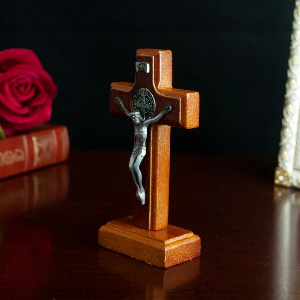 Catholic Wooden Cross with Base, Pray for your Family and Home, Handheld Religious Souvenir Statue of Jesus on Base