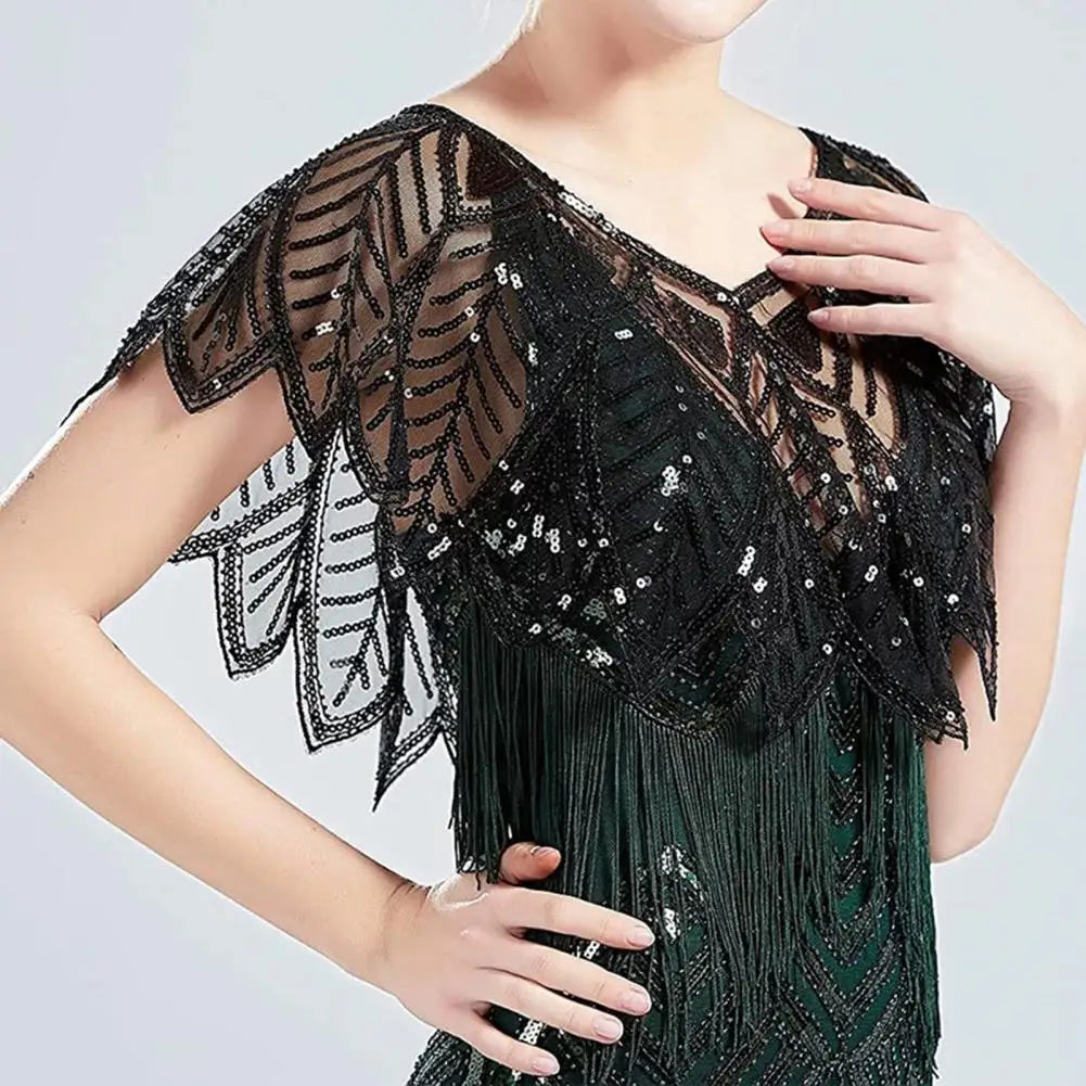 Women 1920s Evening Shawl Elegant Embroidered Beaded Capelet for Women Sparkling Sequin Party Shawl with Leaf Shape Gauze V Neck