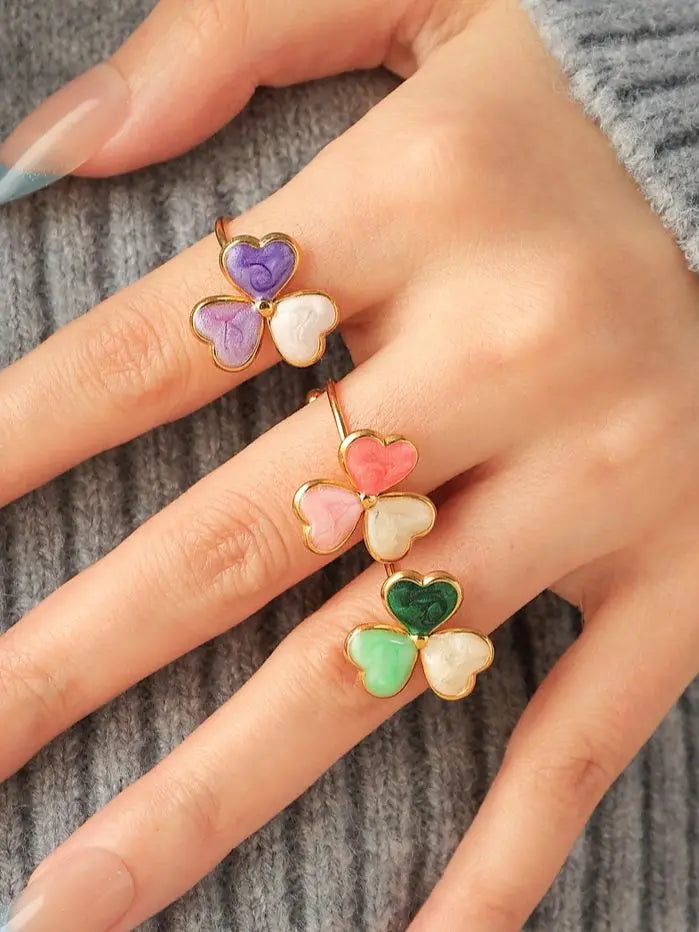 Multicolor Enamel Clover Stainless Steel Ring Women's Creative Meaning Lucky and Cute 18K Gold Plated Jewelry Waterproof