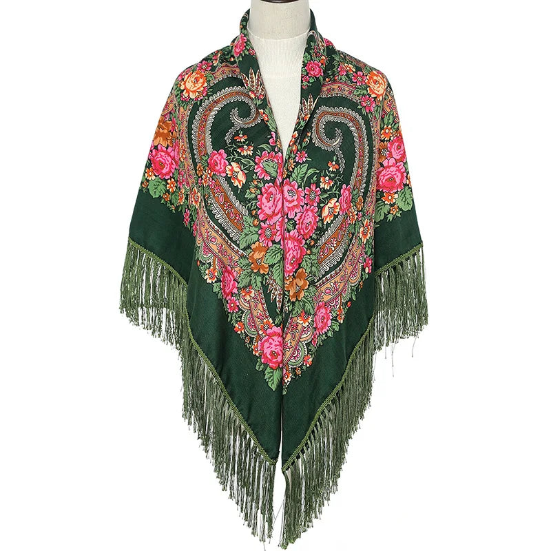 Women Luxury Floral Printed shawl Scarf for woman Square Babushka Handkerchief Head Wraps cardigan  Bohemia Retro Fringed Cape