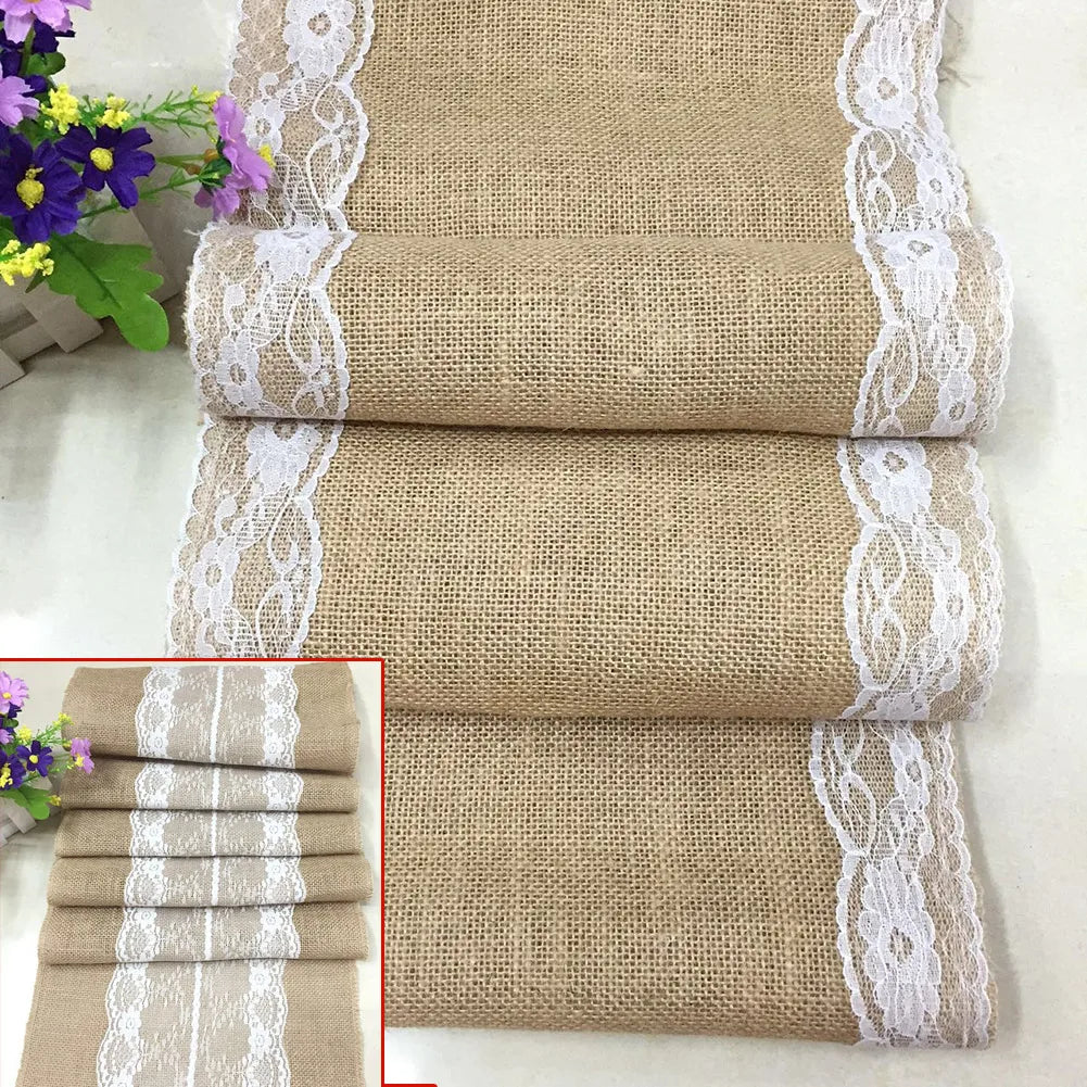 Vintage Burlap Jute Linen Table Runner Lace Cloth Dinning Room Table Gadget Home Decor Accessory New