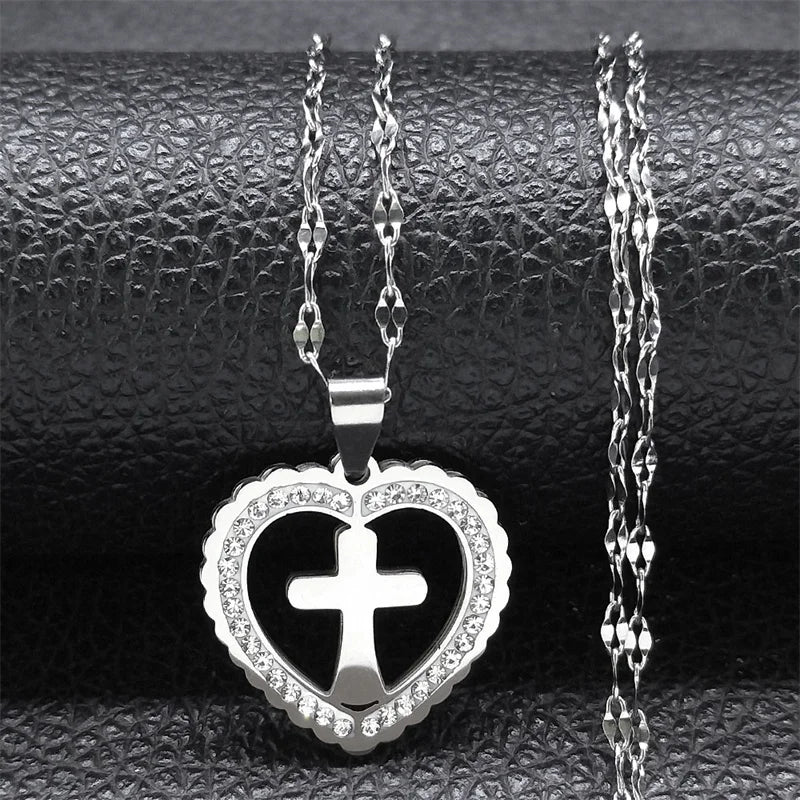 Simple Cross Pendant Necklace Stainless Steel Crystal Jesus Christ Necklaces Religious Jewelry corrente feminina N8249S02