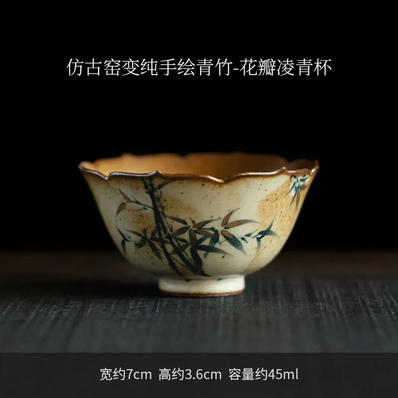 45ml Ancient Kilns Change Ceramic Tea Bowl Pure Hand-painted Blue Bamboo Petals Tea Cup Ladies' Master Cup Chazhan Tea Set Gift
