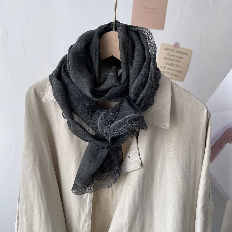 Flaxen Lace Cotton Linen Scarf Women's Winter Shawl Dual-purpose Spring Autumn Foreign Style Fashion Silk Solid Color Yarn