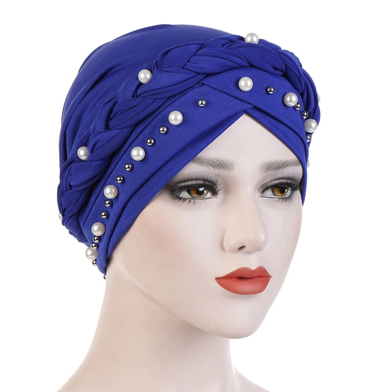 Braid Cross Forehead Women Hijabs with Faux Pearl Decor Solid Color Muslim Female Head Scarf Elegant Turban for Women Elastic