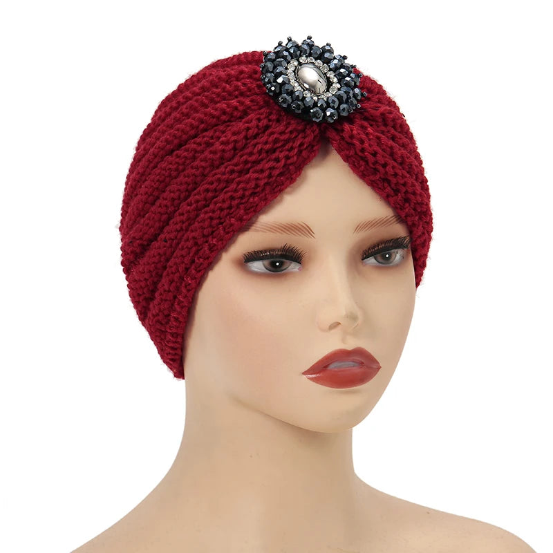 Women Hat Knitted Turban Muslim Chemo Cap Underscarf Rhinestone Headwrap Bonnet Covers Hair Bandanas Head Scarf Beanie India Cap