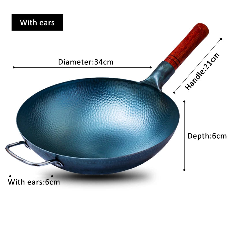 Hammered Cast Iron Wok,Carbon Steel Round Bottom Wok ,Blue Kitchen Cookware,Beech Handle Uncoated Non-stick Pan for Gas Stoves