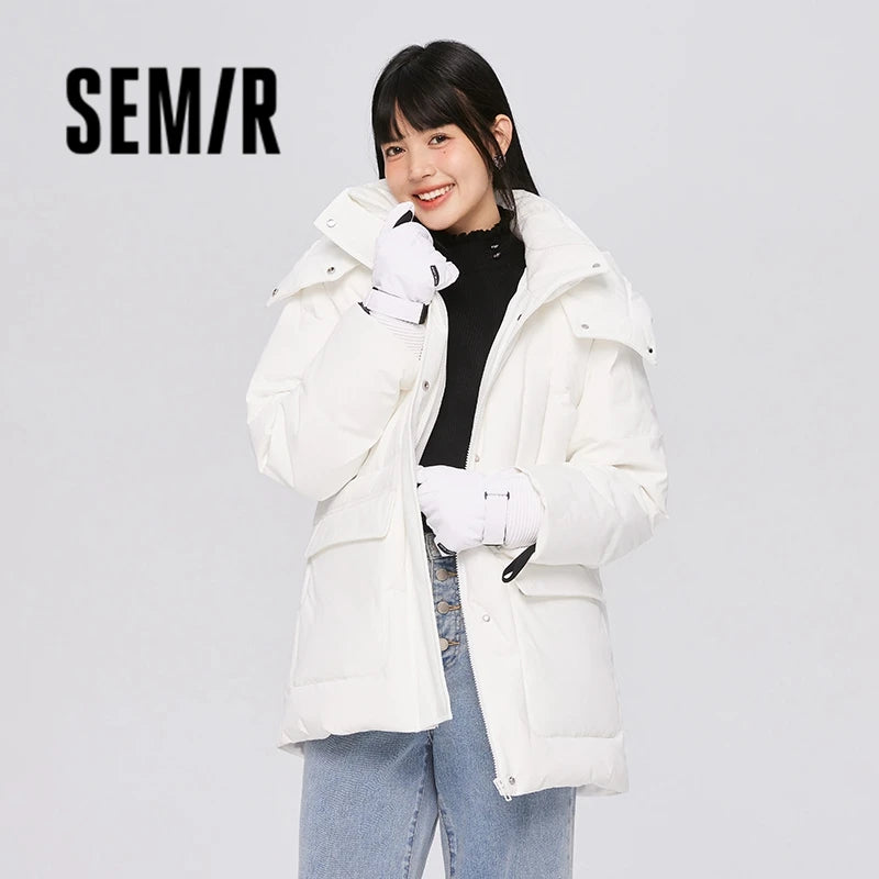 Semir Down Jacket Women Mid-Length Detachable Hooded 2023 Winter New Three-Proof Loose Warm Work Jacket