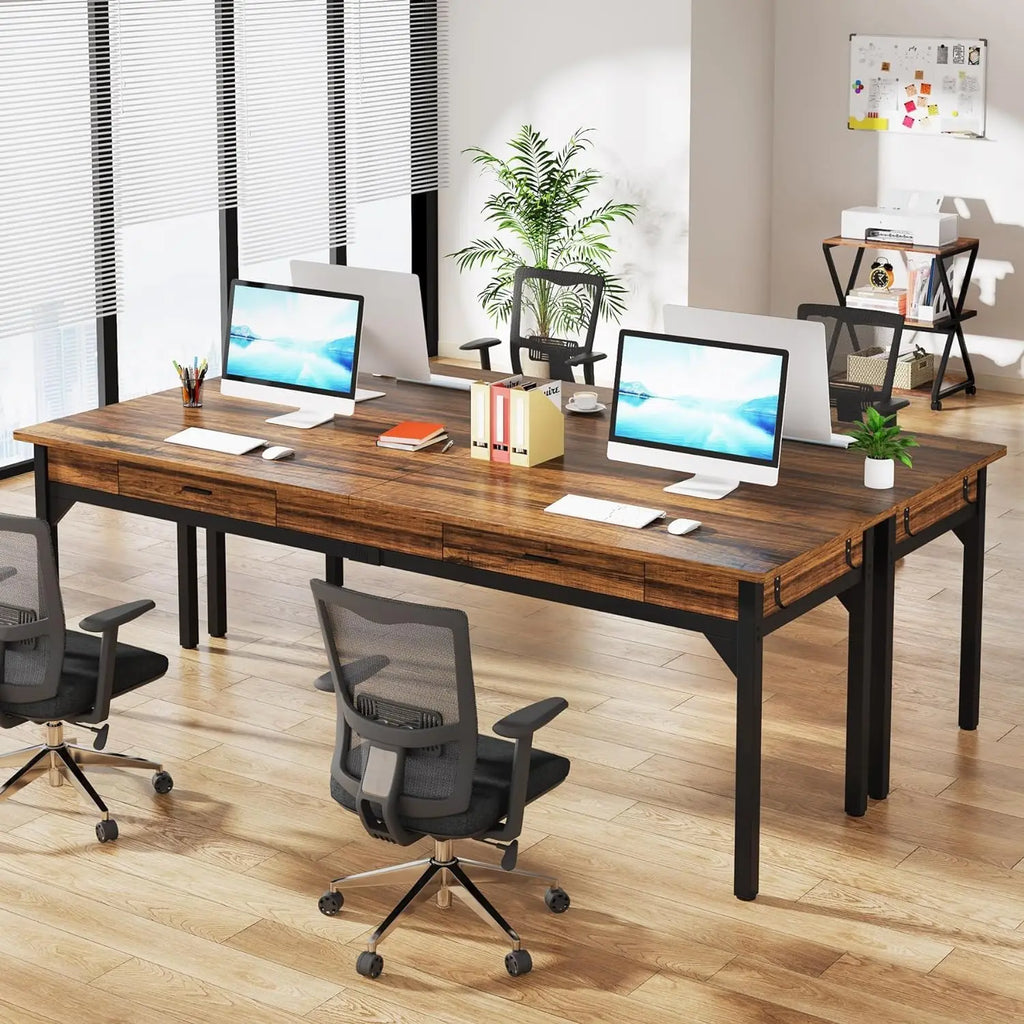 Computer Desk, 200 x 60 x 82 cm, Double Long Desk with 2 Drawers, Office Table, Work Table, Office Furniture