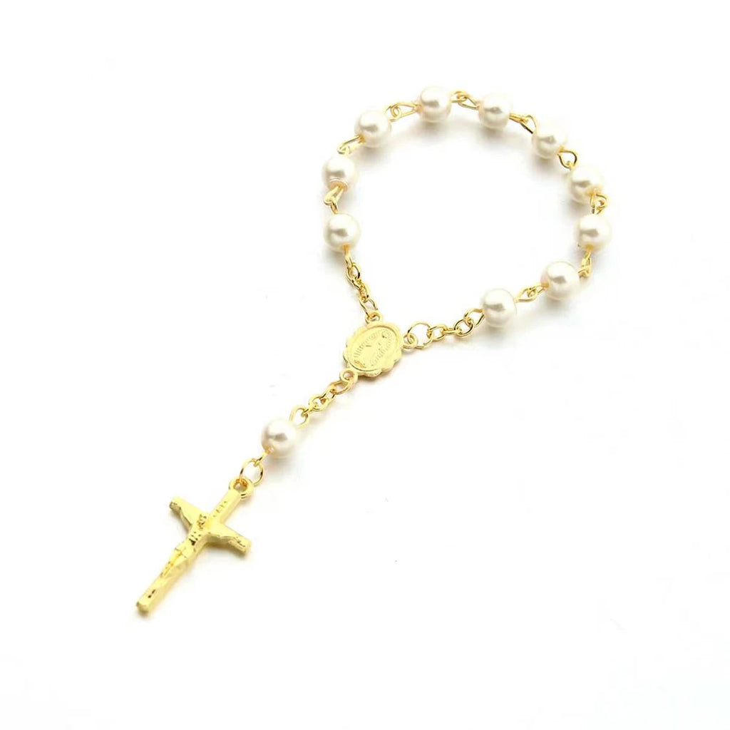 1Pcs Baby 6mm Glass Pearl Rosary Bracelet Eucharist Gift Cross Finger Chain Religion Mini Rosary Bracelet Pray