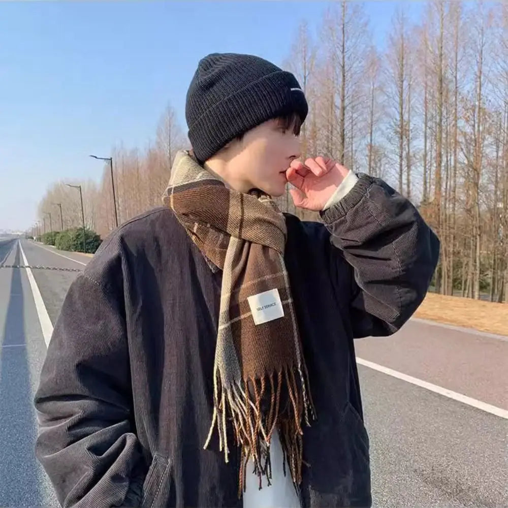 Thicken Tassel Plaid Wool Scarf Retro Green Plush Long Shawl Cashmere Shawl Wool Scarves Cape Wraps Autumn Winter