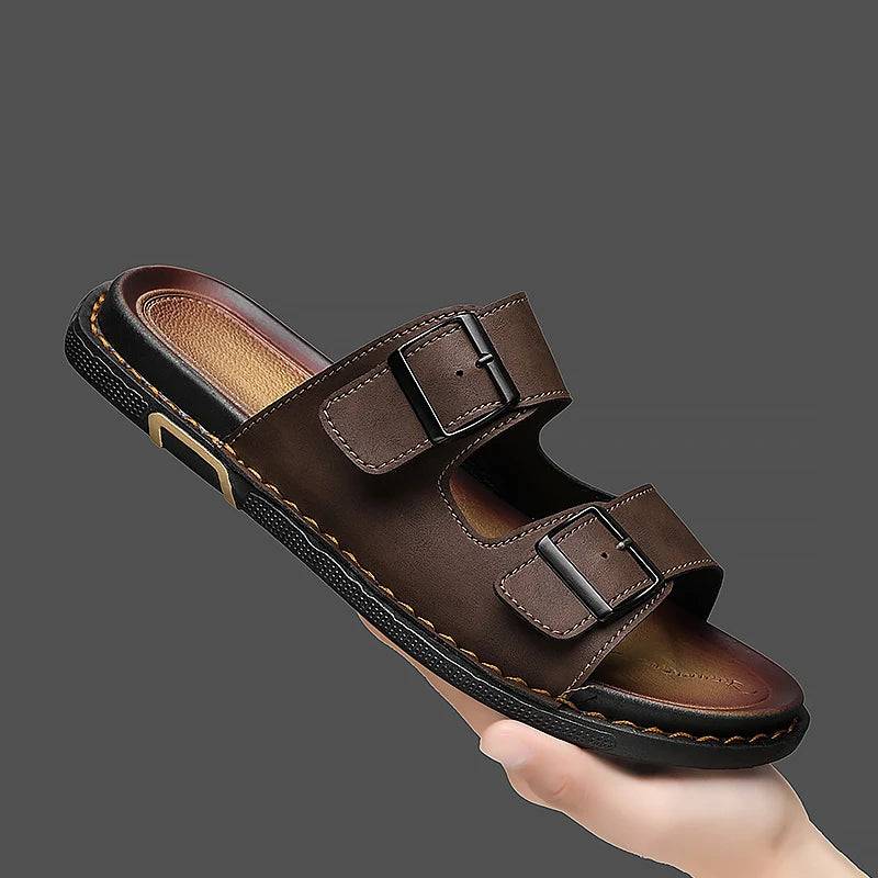 Fashion sandals for men, PU leather, metal details, buckle strap, plus size, summer beach men's mid heeled shoes, luxury sandals