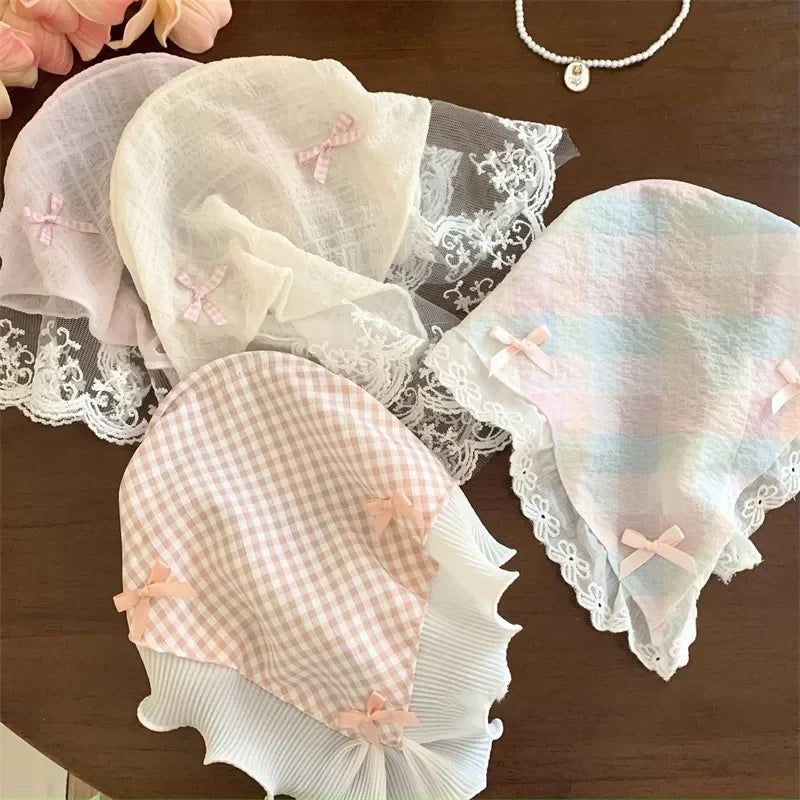 Red Woven Plaid Lace Hair Scarf Wraps Women Retro Triangle Headscarf Hat Travel Photo Headband Girl Hair Accessories