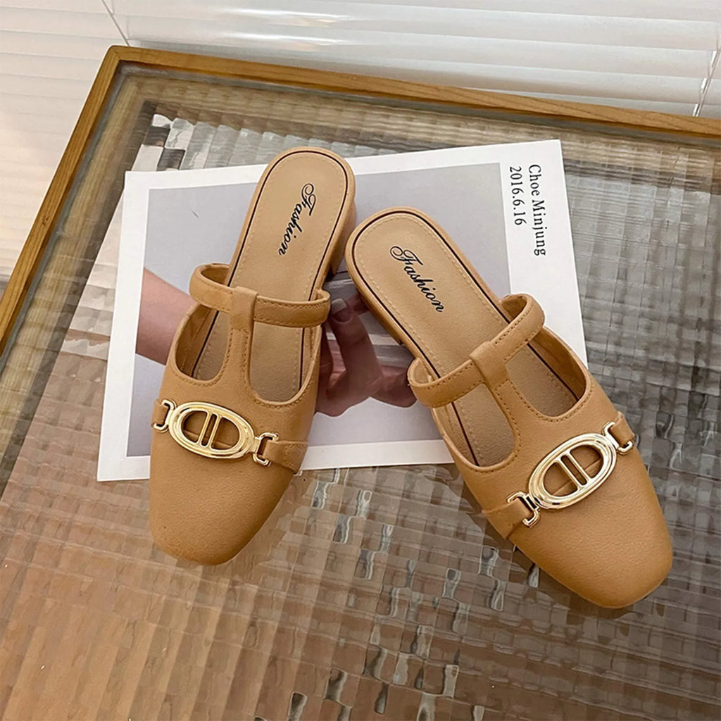 Fashion Summer Sandals Women Low Heel Retro Luxury Metal  Women's Shoes Wear-resistant Daily Walk Slippers