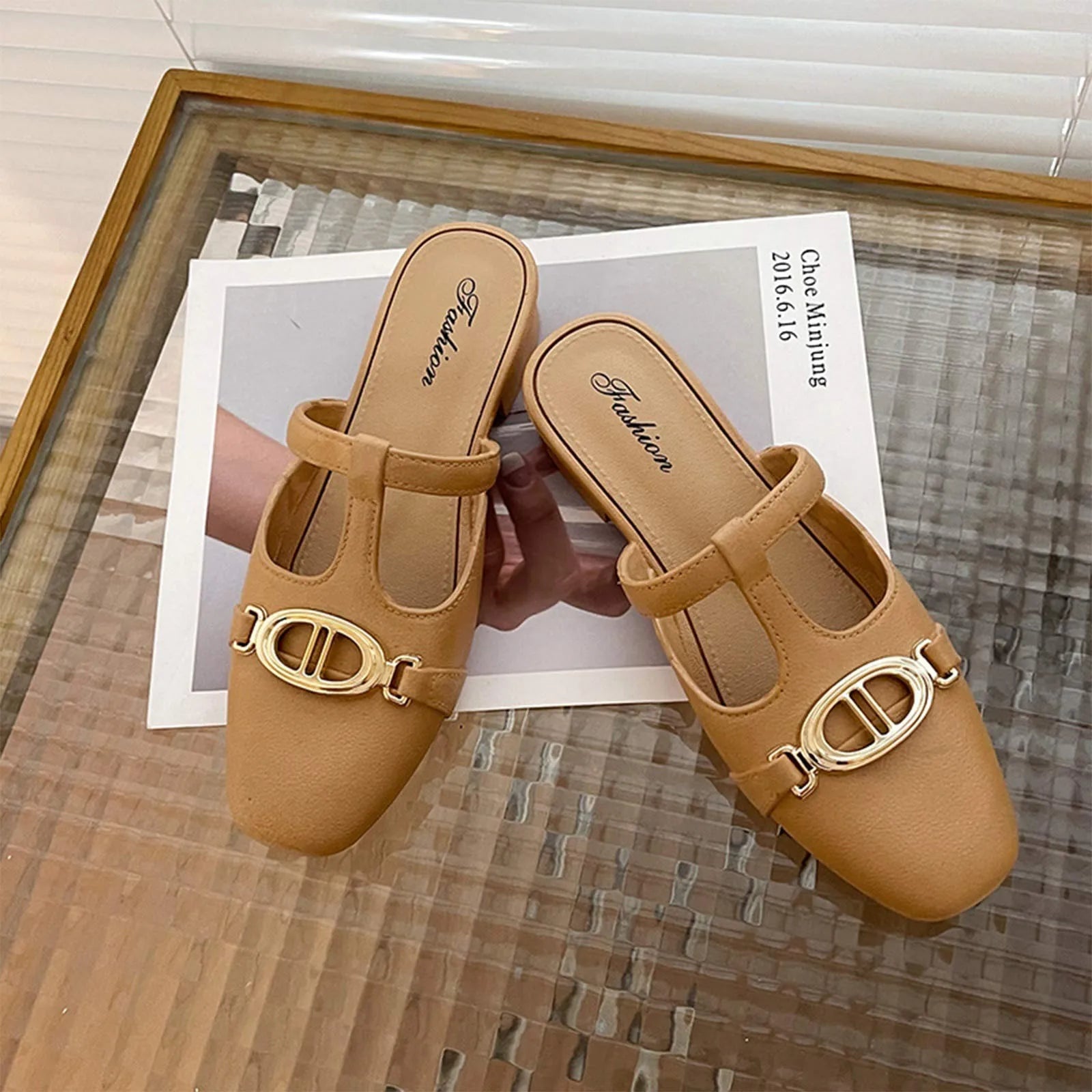 Fashion Summer Sandals Women Low Heel Retro Luxury Metal  Women's Shoes Wear-resistant Daily Walk Slippers