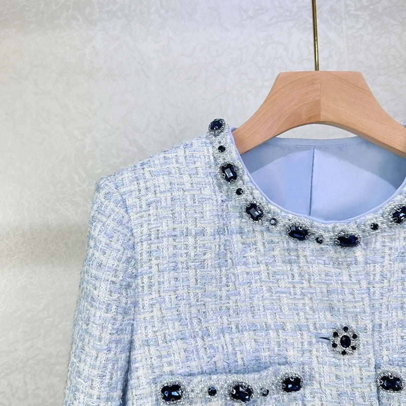 Luxury Crystal Tweed Dress 2 Piece Sets Women Tweed Jackets Blue Coats A Line Short Skirts Office Lady Work Retro Casual Outfits