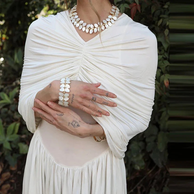 Women Shawl Patchwork Folds High Street Dresses Summer Ladies Elegant Temperament White Lady Chic Evening Gown For Women 2025