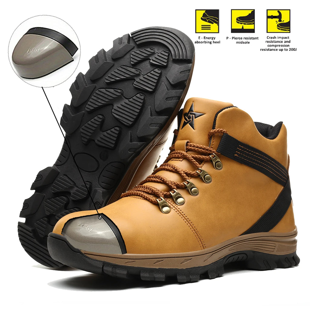 New Men Leather Safety Shoes Anti-smash Anti-puncture Work Shoes waterproof Lightweight Work Sneakers slip and oil resistant