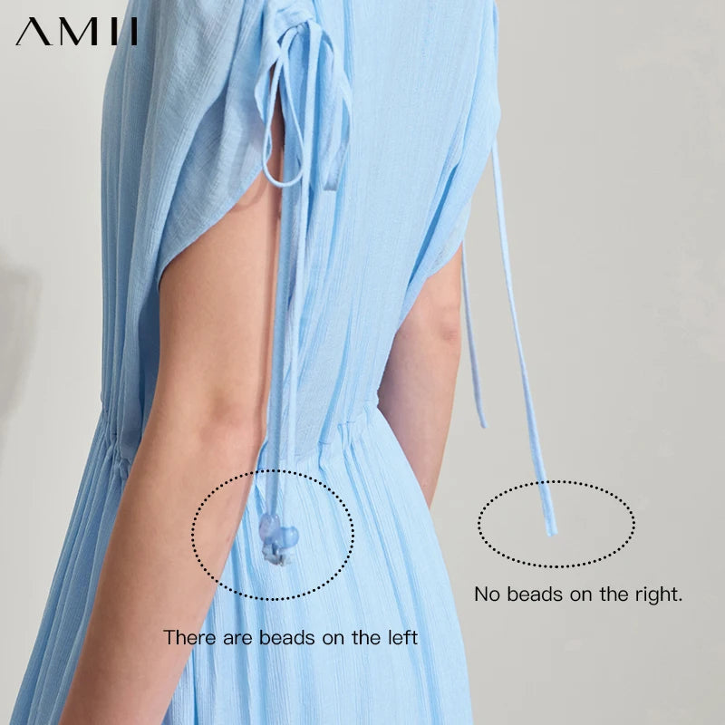 Amii Women's Dress Minimalist Summer New Loose Long Style Sleeveless V-Neck Ruffled Hem Drawstring Raglan Sleeve Dress 12542117