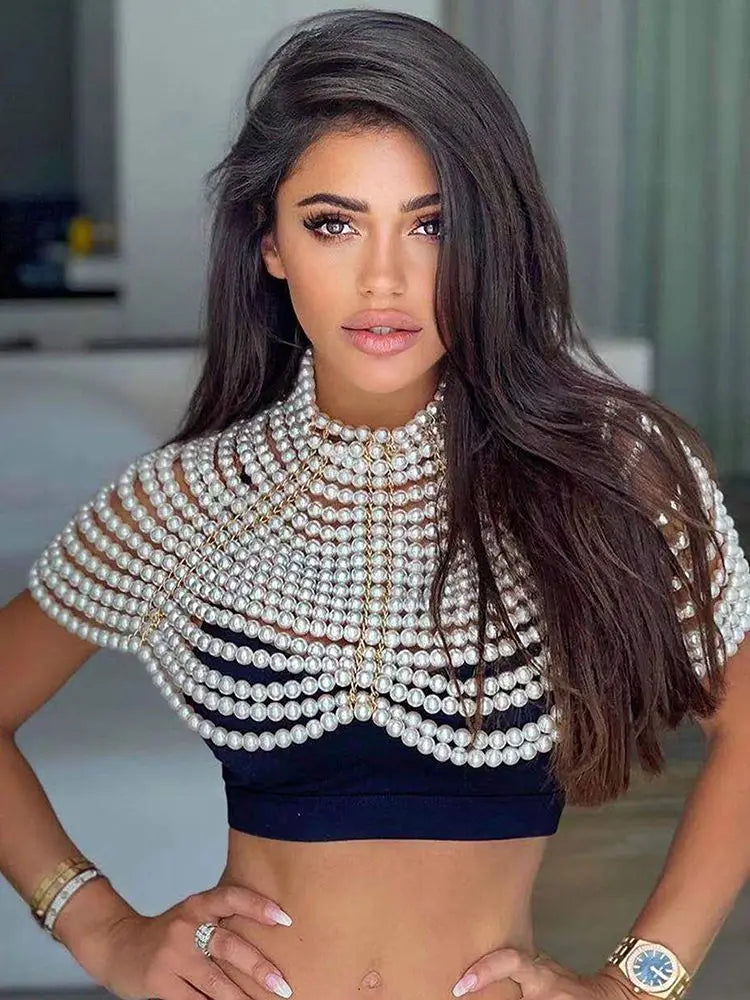 Fashion Pearl Shawl Tops Women 2025 O-neck Handmade Beading Shawl Top Ladies Party Female Elegant Shawl Tops