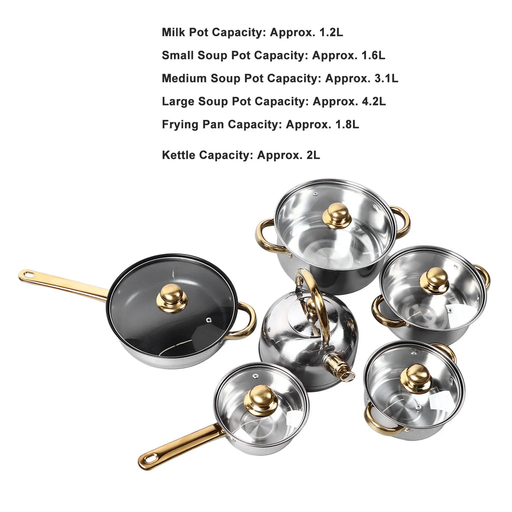 12Pcs Kitchen Pots Stainless Steel Golden Handle Smoothing Sturdy Pot Durable Easy to Clean Cookware Set for Home Cooking