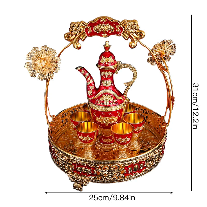 1 metal rose embossed wine set, 1 wine pot and 6 wine glasses and 1 basket, suitable for festivals, parties, banquet crafts.