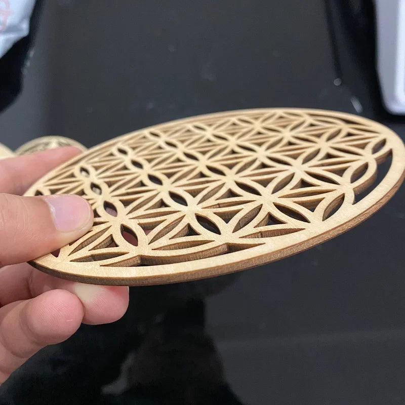 1PCS Chakra Flower of life Natural Symbol Wood Round Edge Circles Carved Coaster For Stone Crystal Set DIY Decor Mats Pads