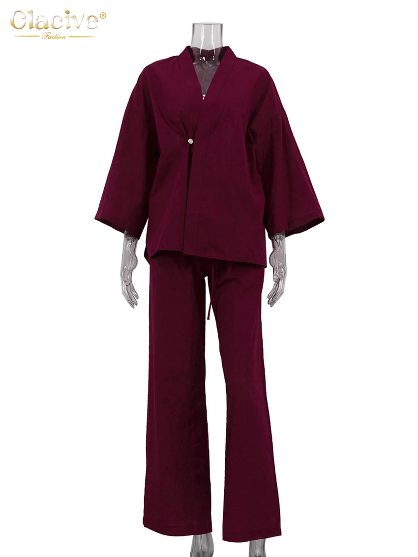 Clacive Fashion Loose Red Cotton Women's Two Pieces Set 2025 Elegant Long Sleeve Shirt With High Waist Wide Pants Set Female