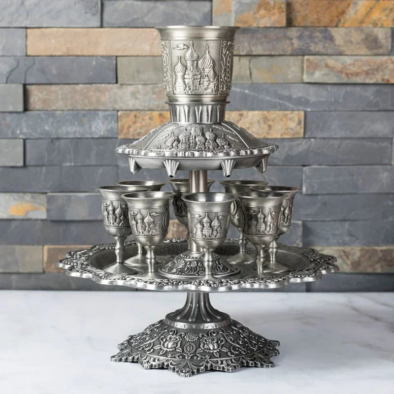 Kiddush Cup & Fountain, Dinner Gathering Wine Pouring Pot Dispenser, Wine Glass Holder Gift Set Copper Alloy