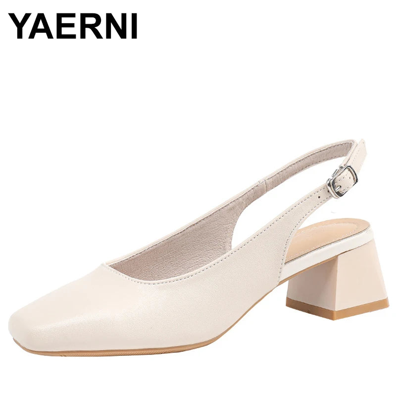 shoes suqare toe leather sandals women thick high heels summer shoes back strap green  big size 43