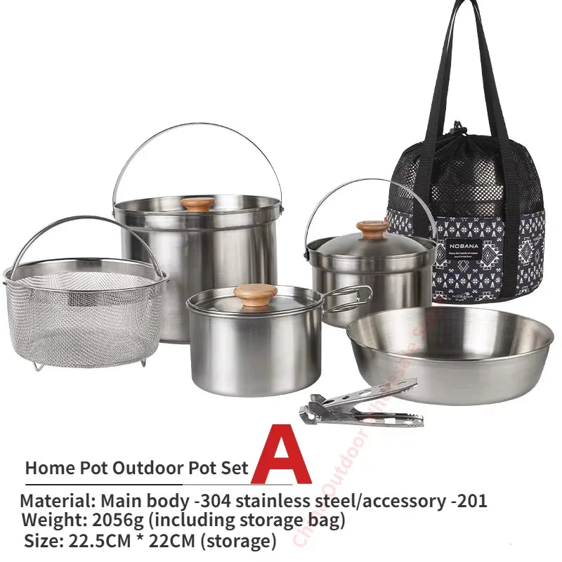 NOBANA 14/22pcs Outdoor Stainless Steel Pot Set Camping Family Pot Set 5L Portable Picnic Soup Pot Frying Steaming Household Pot