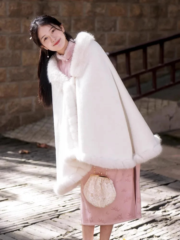 Elegant Princess Full Trim Handwork Faux Fur Cape Outerwear Women Winter Comfort Plush Cloak Wraps Wedding Shawl Coat Thicken