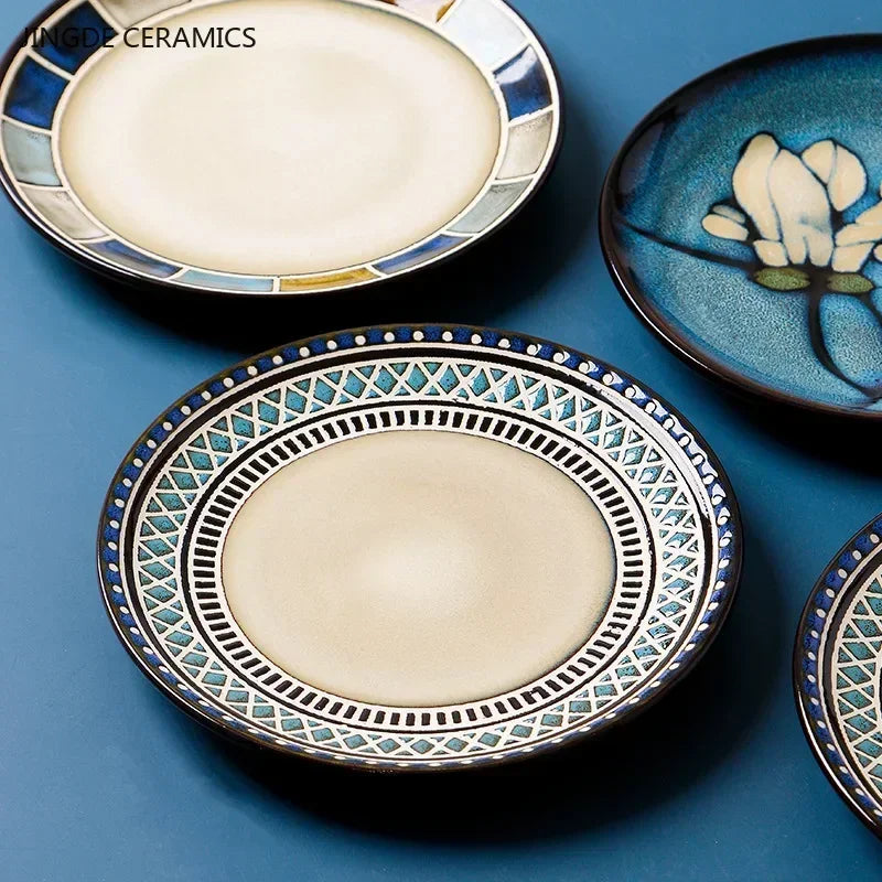 European Ceramic Cutlery Household Dishes Retro Kiln Glaze Porcelain Plate Handmade Ceramic Dinner Plates Kitchen Accessories