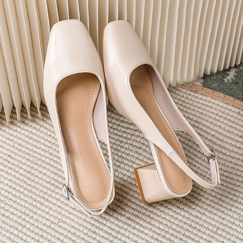 shoes suqare toe leather sandals women thick high heels summer shoes back strap green  big size 43