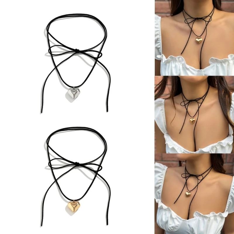 Heart Pendant Collar Necklace Long  Rope Bow Tie Choker Necklace Fashion Jewelry Neck Tie Clavicle Chain Necklace