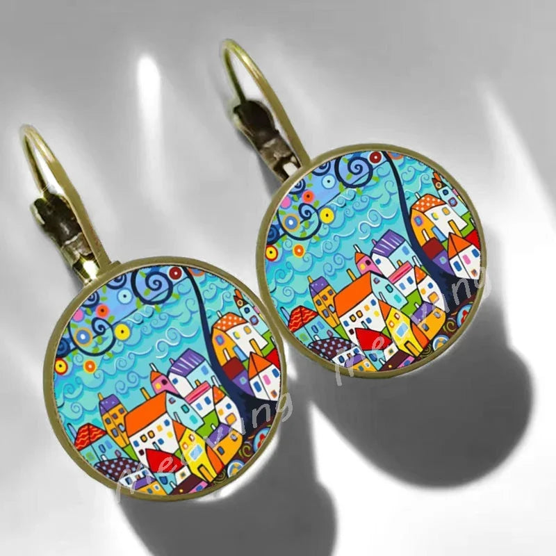 2024 Natural Scenery Earrings beautiful village Women Stud Earring  Abstract Oil Painting House Glass Cabochon Earrings  jewelry