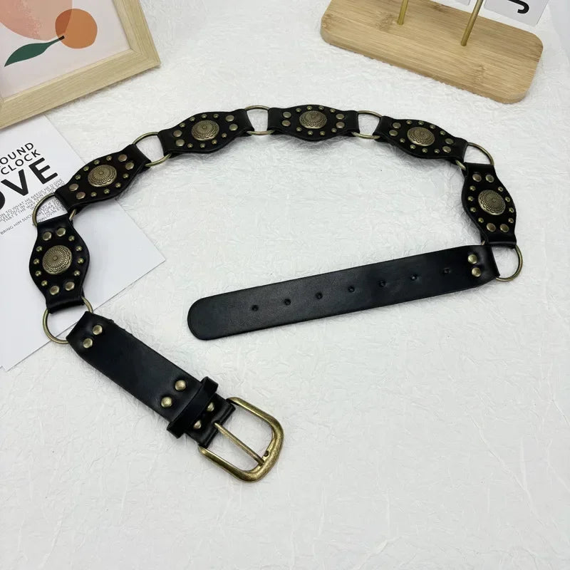 Vintage Circle Splicing Belts Cowboy Hollow PU Girdle Rivet Punk Metal Buckle Spice Girls Skirt Decoration Heavy Duty Wide Belt