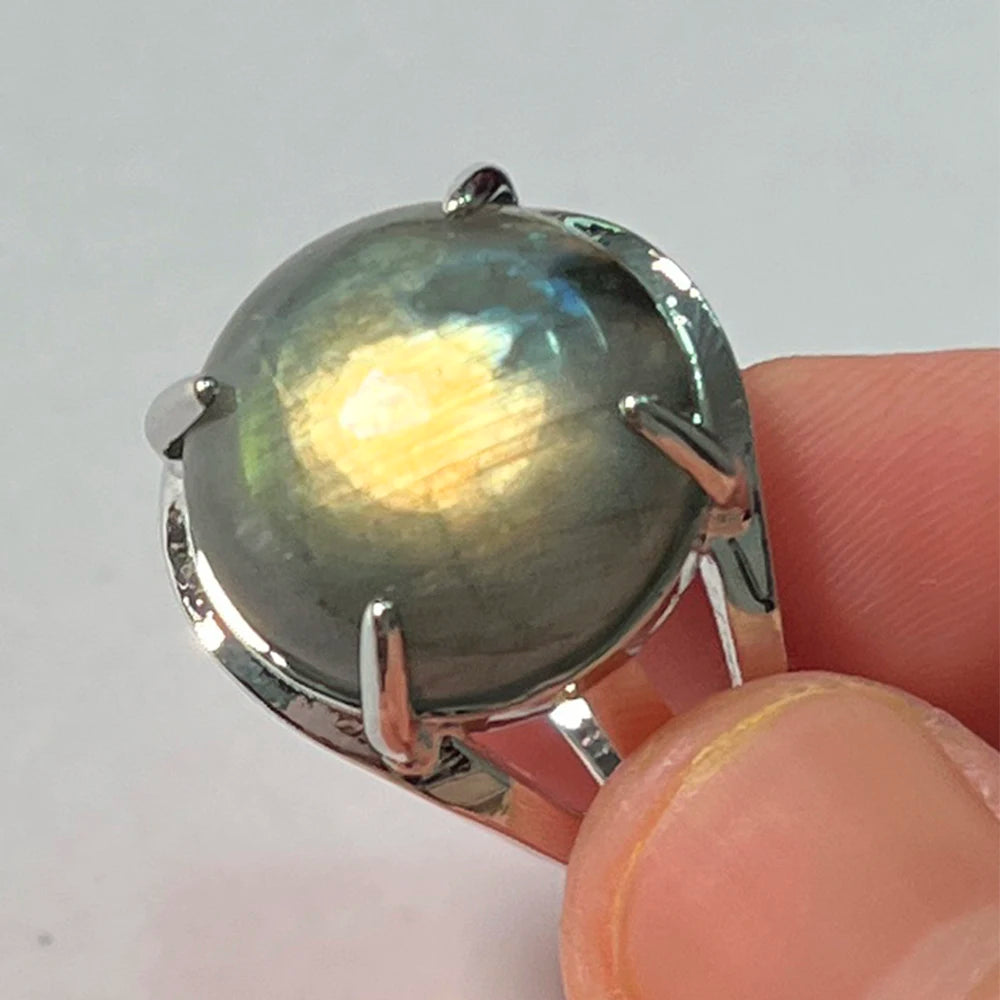 Ring Natural Stone Round Bead Blue Labradorite Adjustable Finger