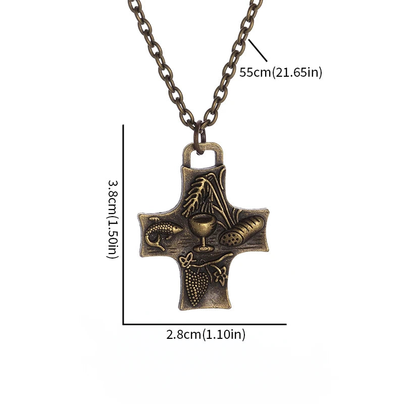 Vintage Bronze Christian Eucharist Halo Grape Juice Cross Necklace Men Women Catholic Holy Spirit Church Jewelry