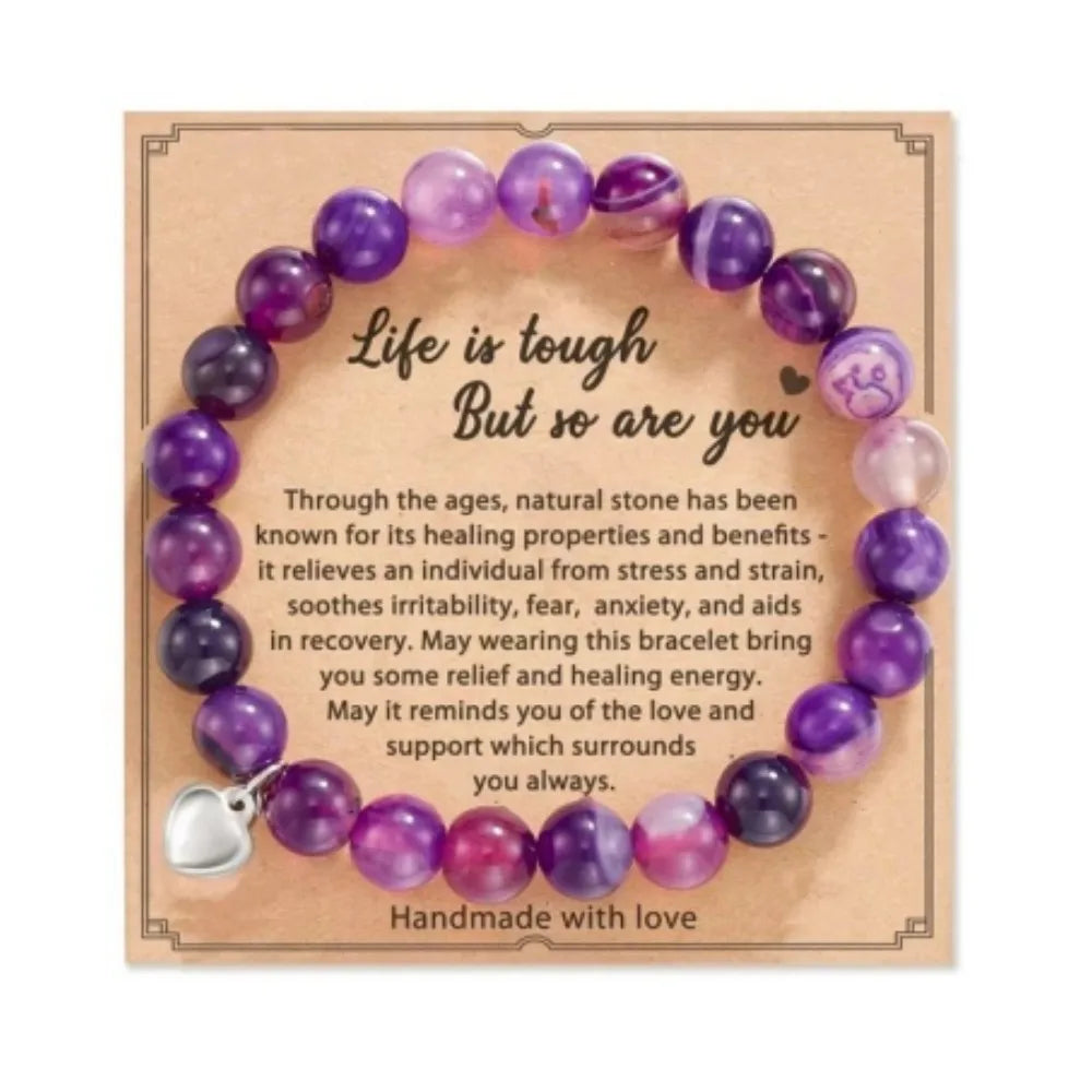 8mm Pink Zebra Beads Bracelets with Card Matte Natural Stone Purple Agate Crystal for Women Men Yoga Meditation Jewelry Gift