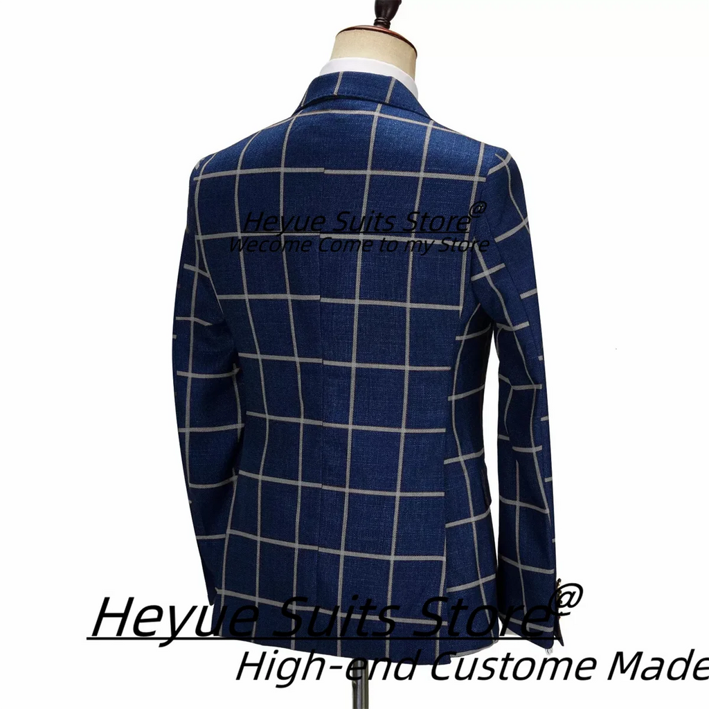 Business Navy Blue Plaid Men Suits Slim Double Breasted Peak Lapel Groom Tuxedos 2 Pcs Sets Office Work Male Blazers Ropa Hombre