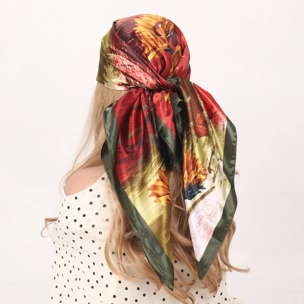 Silk Head Scarf Women Luxury Fashion Hair Scarve Summer Foulard Femme Satin Shawl Kerchief 90cm Square Headscarf Bandana Cheveux