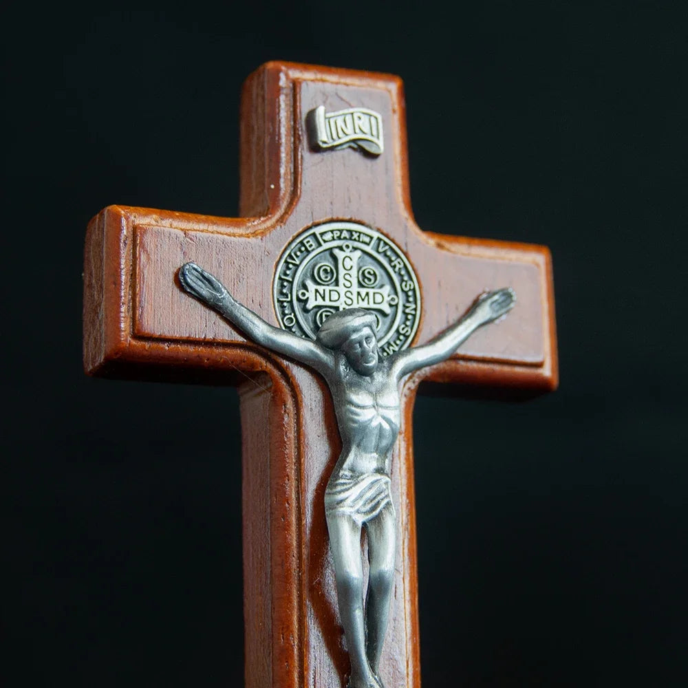 Catholic Wooden Cross with Base, Pray for your Family and Home, Handheld Religious Souvenir Statue of Jesus on Base