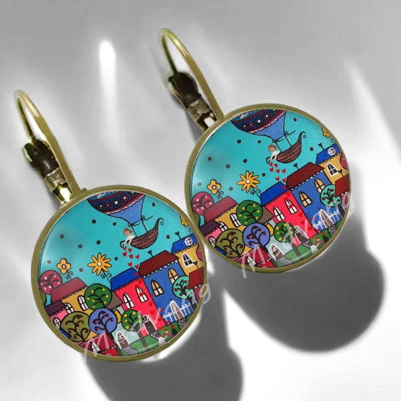 2024 Natural Scenery Earrings beautiful village Women Stud Earring  Abstract Oil Painting House Glass Cabochon Earrings  jewelry
