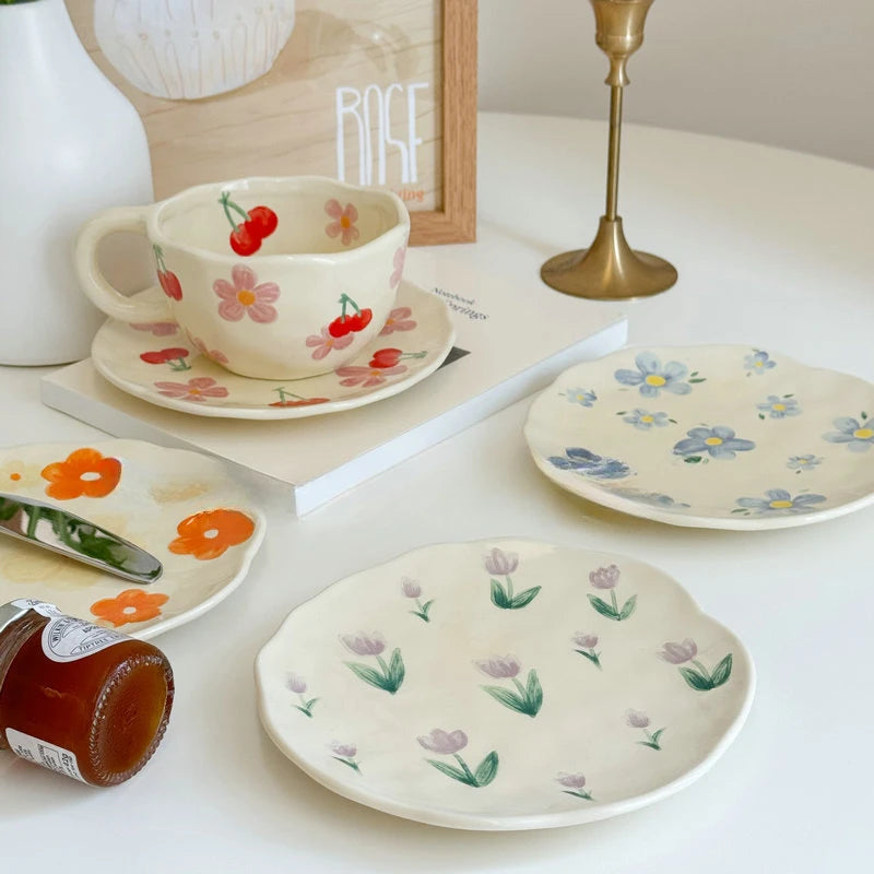 Ceramic Hand-painted Flower Pattern Ceramic Plate Underglaze Color Gifts Saucers Coffee Cup Dish Snacks Dessert Plates Tableware