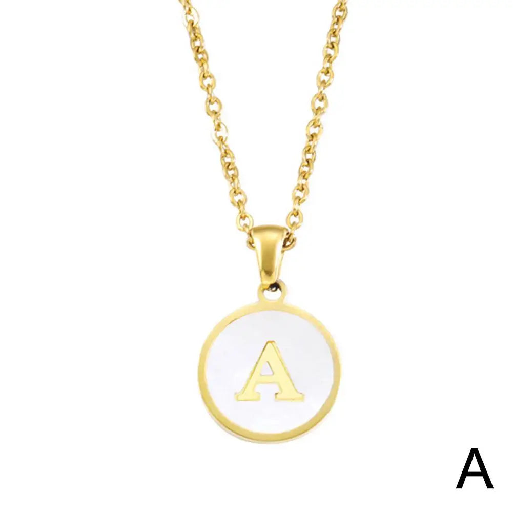 Vintage Initial 26 Letters A To Z White Shell Pendant Necklace Gold Color Steel For Women Men Choker Jewelry Necklace