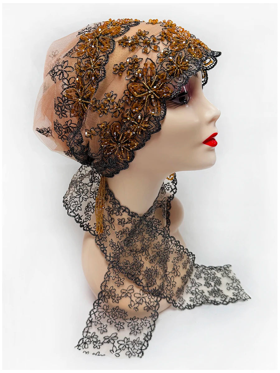 Explosive Head Cover Mesh Fabric Hand-Embroidered Hanging Beaded String acrylic Ribbon Hats Dubai New Muslim Arabic Worship Hat