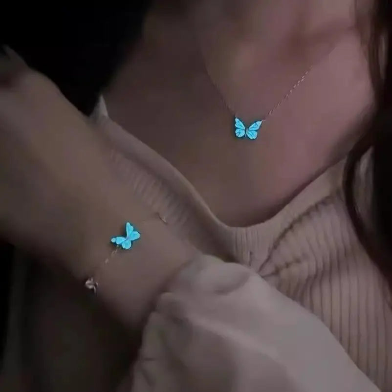 1Pc Luminous Butterfly Necklace Bracelet For Women Girls Vintage Glow In The Dark Pendant Christmas New Year Party Jewelry Gift