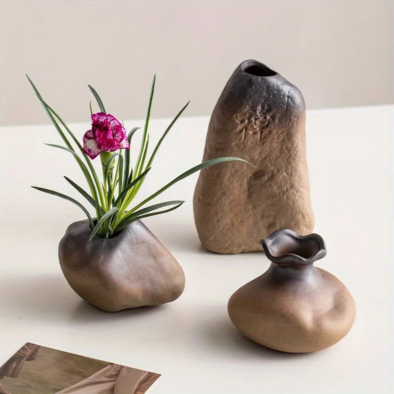 Unique Rustic Ceramic Vase in Stone Shape for Fresh and Dried Flowers Succulents and Hydroponic Plants Decor